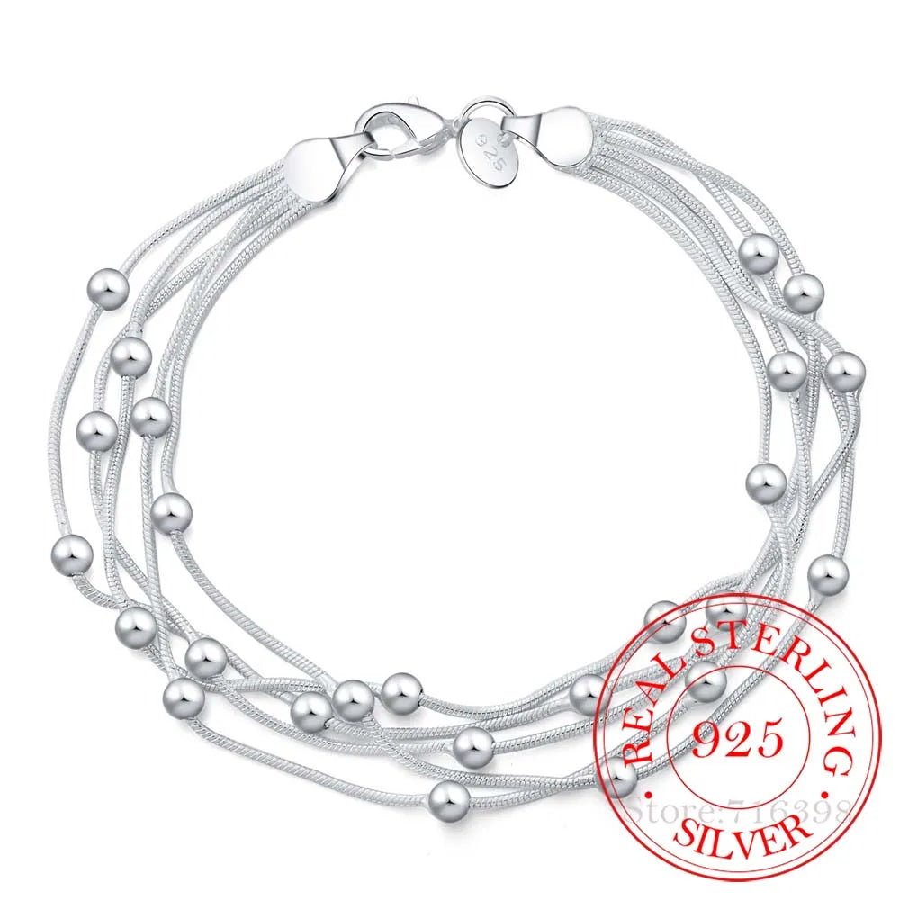 Sterling silver armband dam med kulor och zirkon – elegant flertrådsdesign