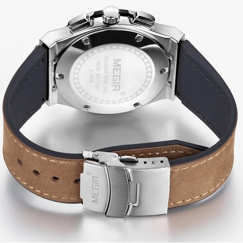 MEGIR 2034 Unisexklocka – Stoppur med läderband & kristalldetaljer