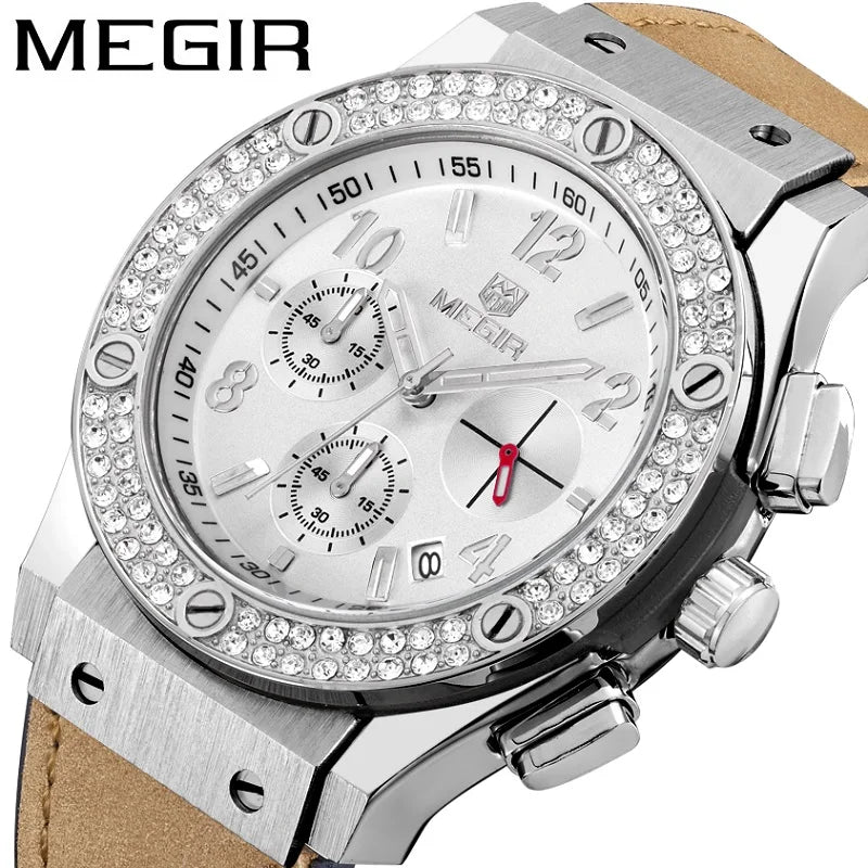 MEGIR 2034 Unisexklocka – Stoppur med läderband & kristalldetaljer