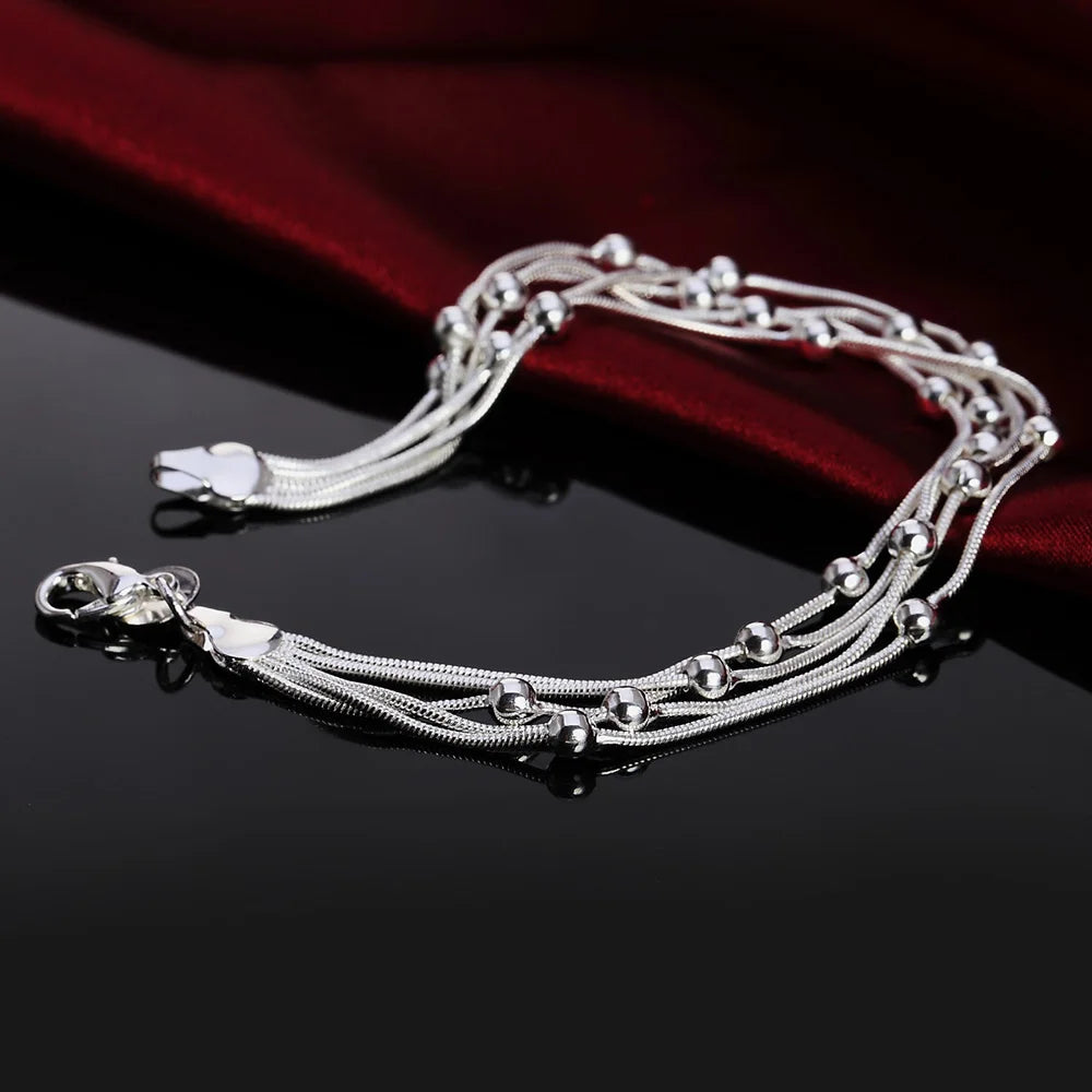 Sterling silver armband dam med kulor och zirkon – elegant flertrådsdesign