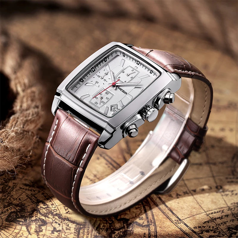 MEGIR Herrklocka – Rektangulär quartzklocka med läderband & självlysande visare