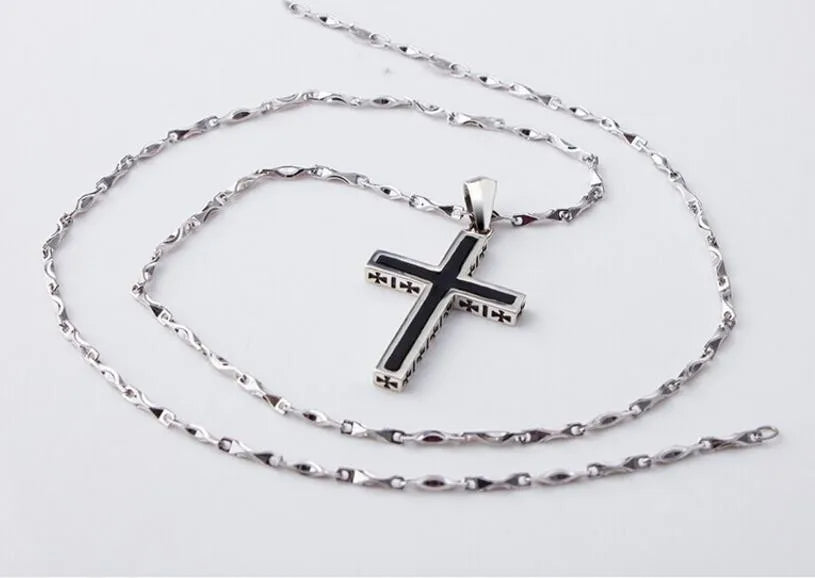 Kors halsband i 925 silver – svart herr halsband