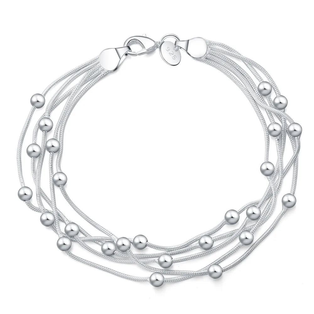 Sterling silver armband dam med kulor och zirkon – elegant flertrådsdesign