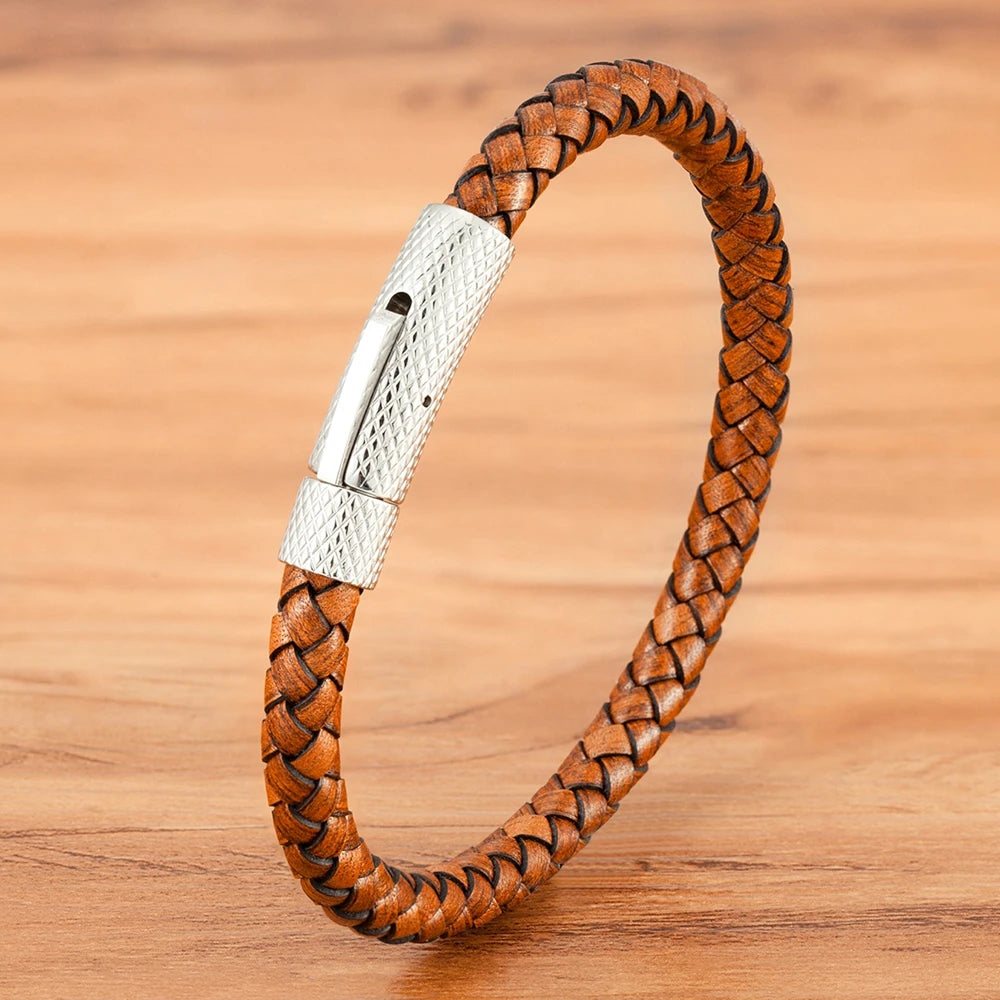 Läderarmband för män med rostfritt stål