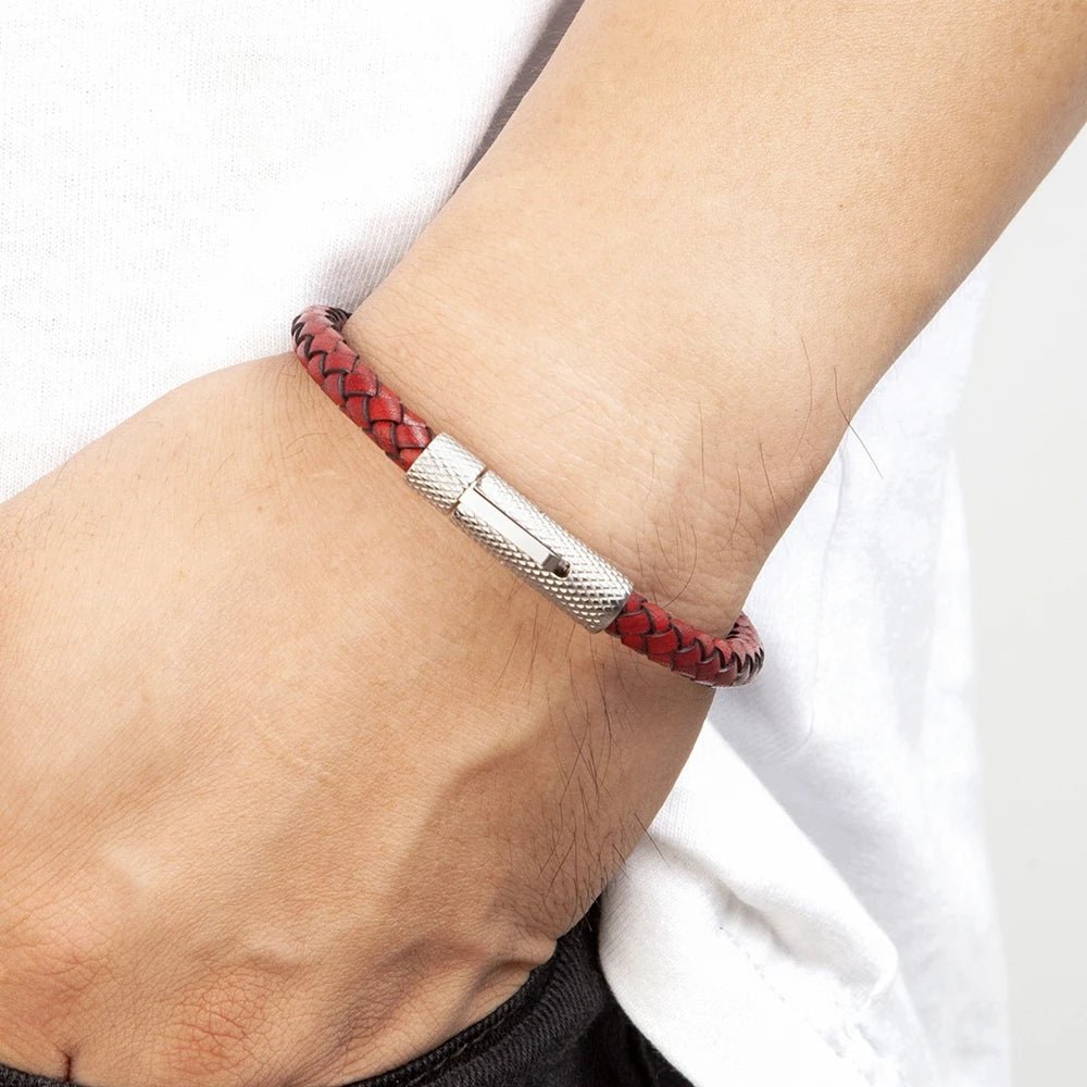 Läderarmband för män med rostfritt stål