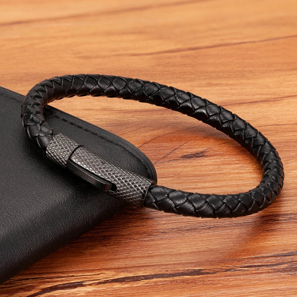 Läderarmband för män med rostfritt stål