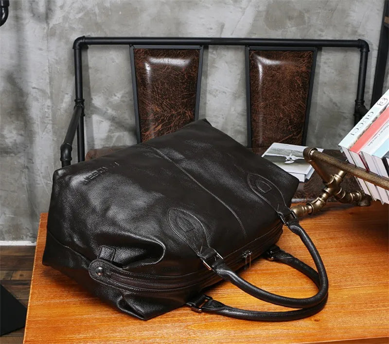 Weekendbag i äkta läder herr – stor duffelväska i cowhide