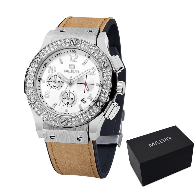 MEGIR 2034 Unisexklocka – Stoppur med läderband & kristalldetaljer