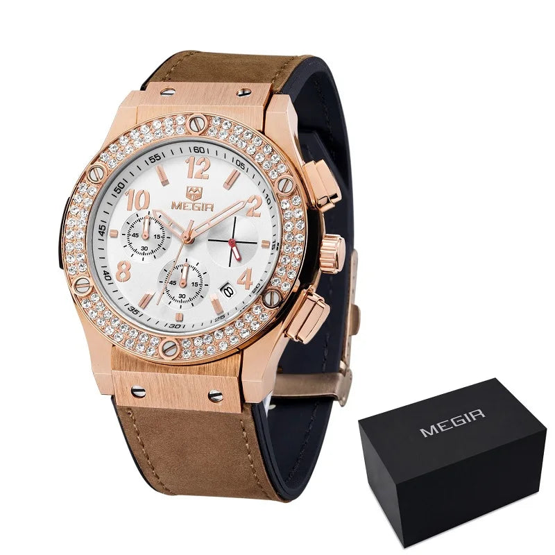 MEGIR 2034 Unisexklocka – Stoppur med läderband & kristalldetaljer
