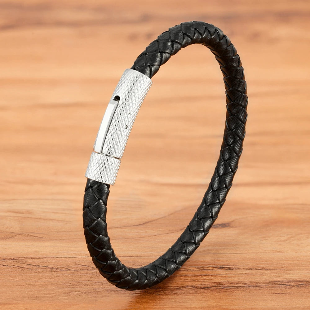 Läderarmband för män med rostfritt stål