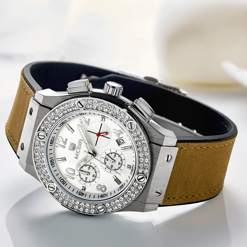 MEGIR 2034 Unisexklocka – Stoppur med läderband & kristalldetaljer