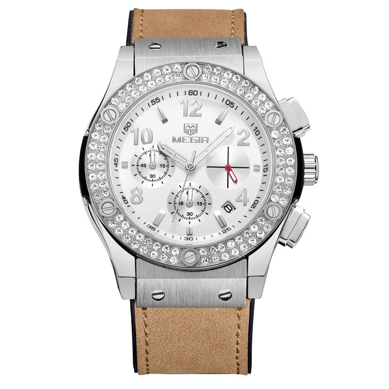 MEGIR 2034 Unisexklocka – Stoppur med läderband & kristalldetaljer