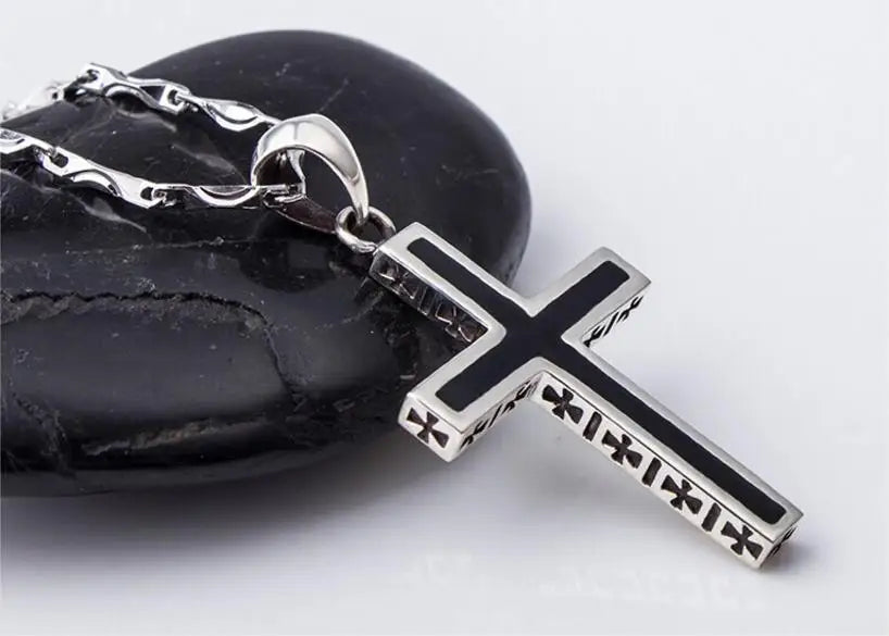 Kors halsband i 925 silver – svart herr halsband