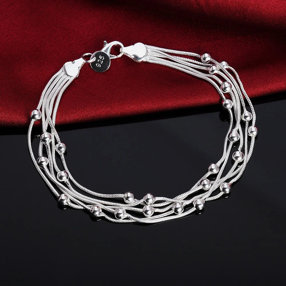 Sterling silver armband dam med kulor och zirkon – elegant flertrådsdesign