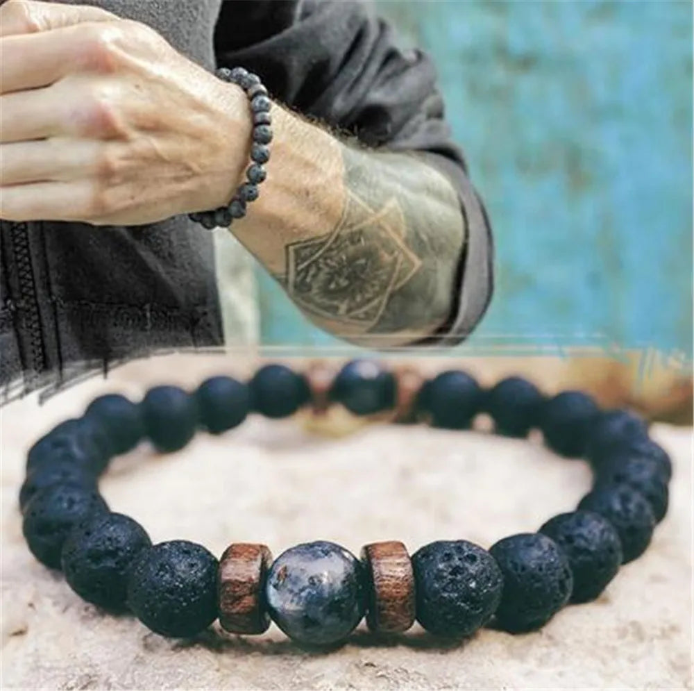 Lavaarmband för män – Vulkansten & träpärlor