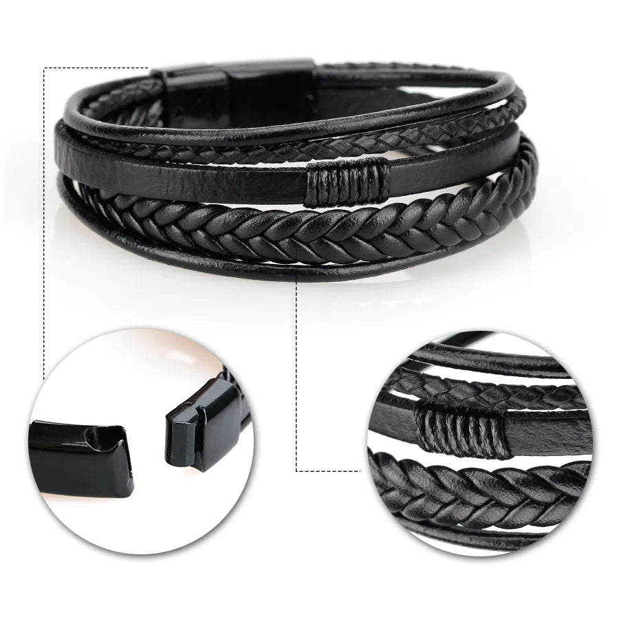 Flätat läderarmband för män – Multilagerdesign med stål, 21 cm