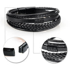 Flätat läderarmband för män – Multilagerdesign med stål, 21 cm