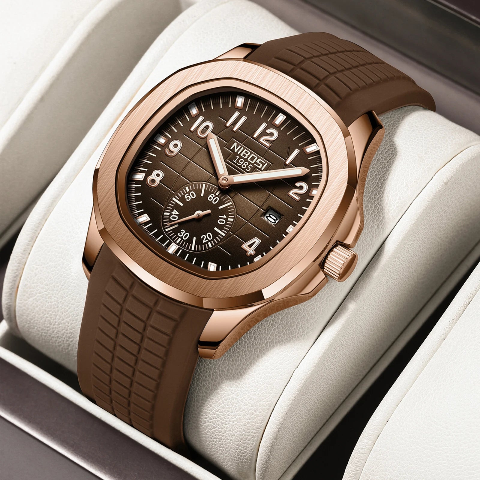 NIBOSI Herrklocka – Fyrkantig quartzklocka i rostfritt stål med datum