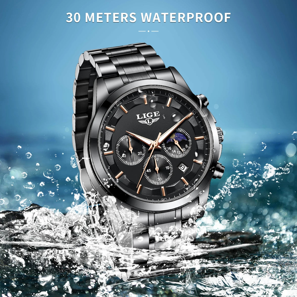 LIGE herrklocka quartz med månfas och datum