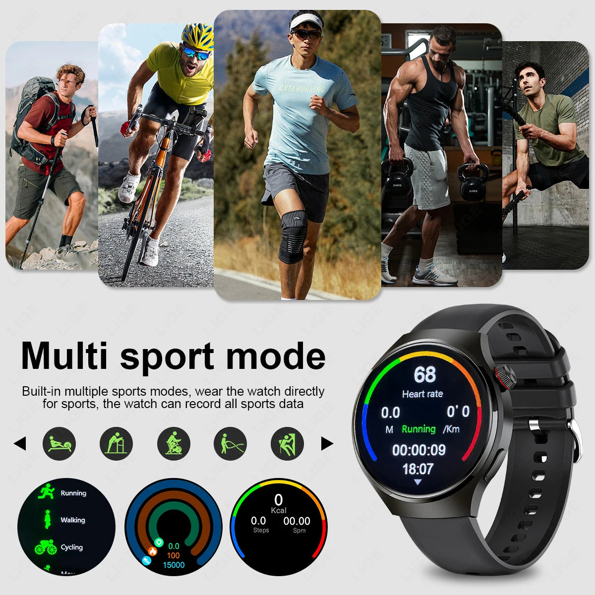 LIGE Smartwatch 360×360 – Bluetooth-samtal & hälsomätning