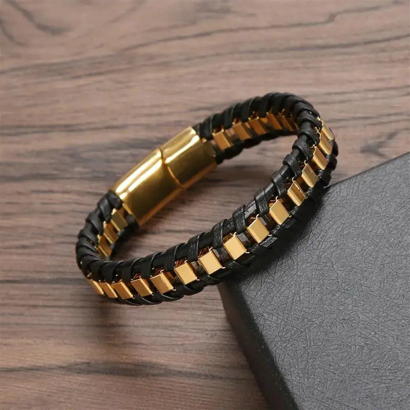 Herr armband i läder och rostfritt stål – flätat armband med magnetlås