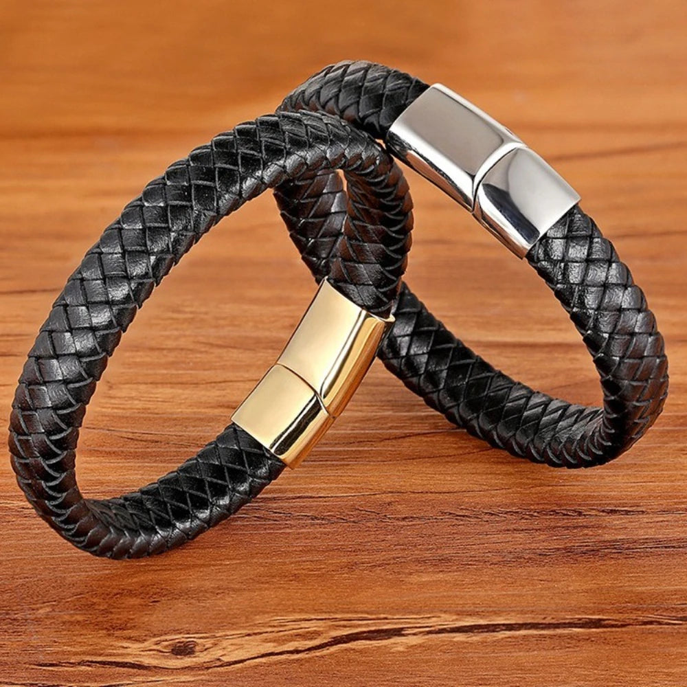 Flätat läderarmband för herr – rostfritt stål och geometrisk design
