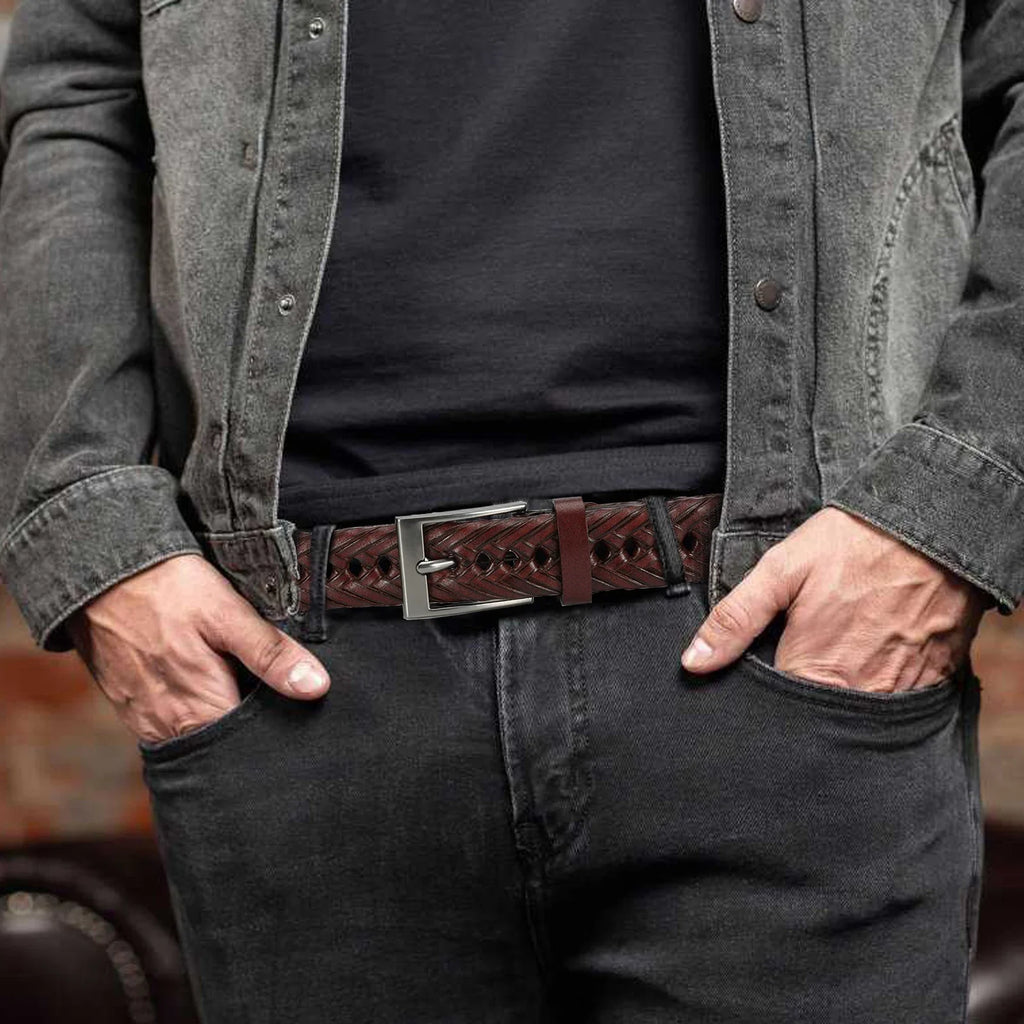 Flätat unisexbälte i koskinn – vintagebälte med metallspänne för jeans