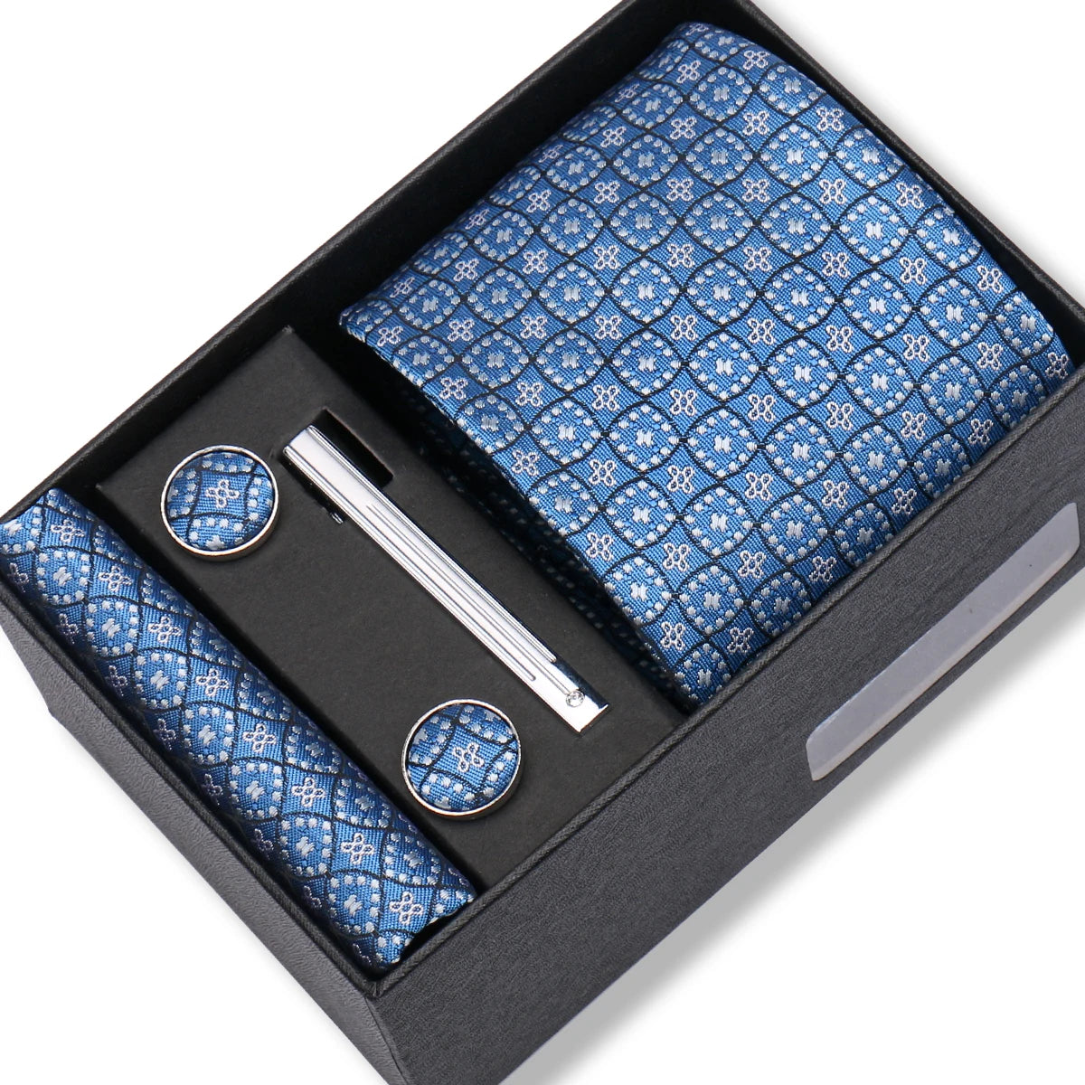 Slipsset herr 8 cm – jacquard slips, näsduk, manschettknappar & slipsnål