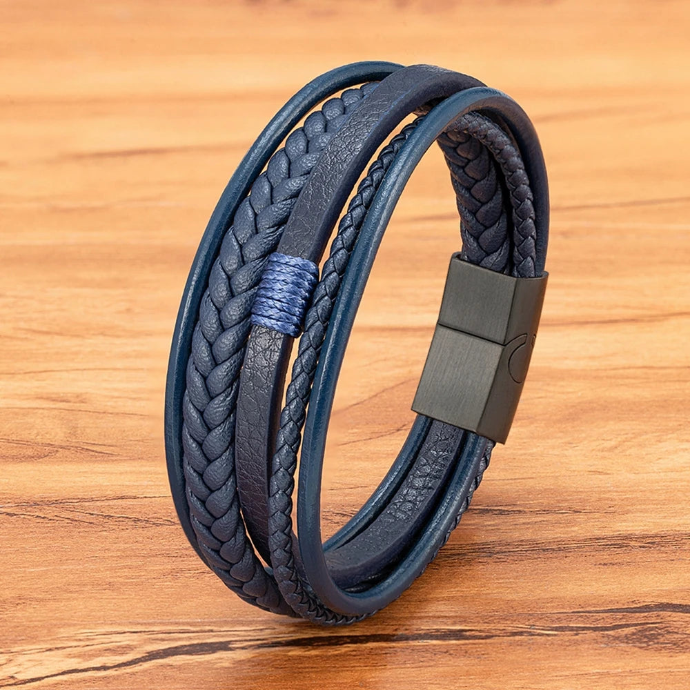 Flätat läderarmband för herr – multilager med rostfritt stål