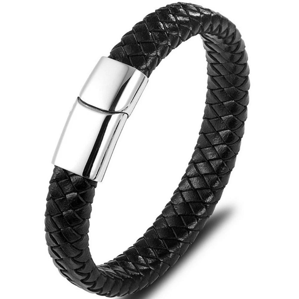 Flätat läderarmband för herr – rostfritt stål och geometrisk design