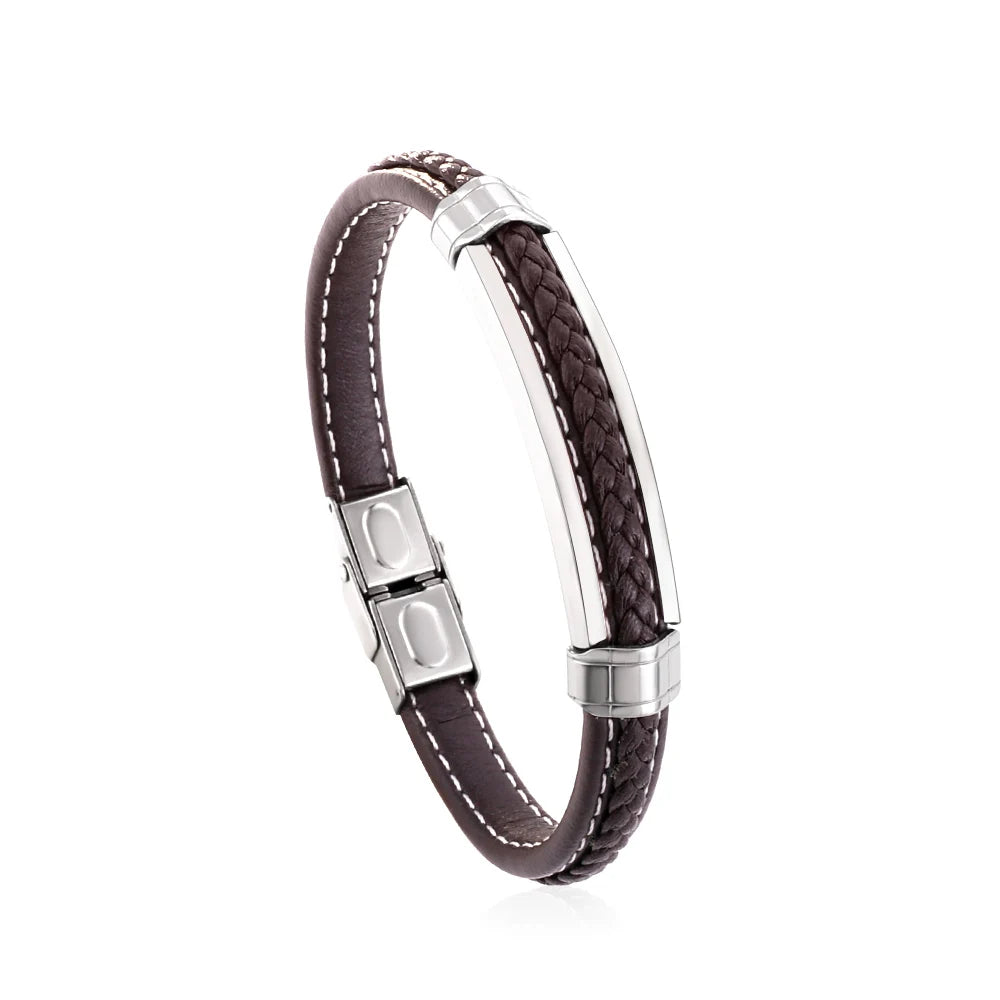 Läderarmband herr multilayer – svart armband i rostfritt stål