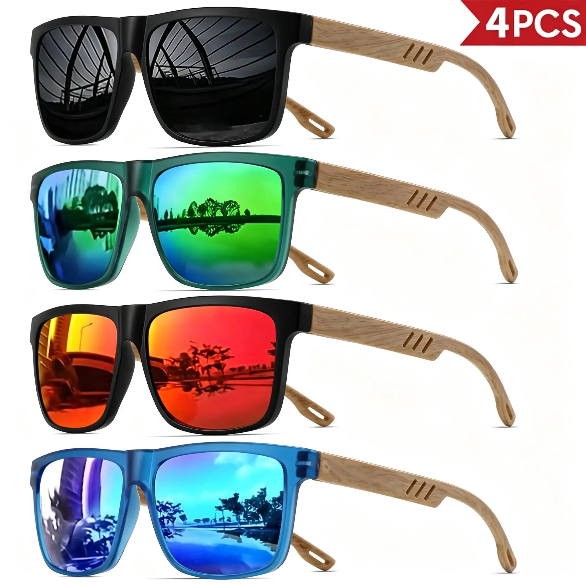 4-pack Solglasögon Trälook – Retro Fyrkantiga Unisex