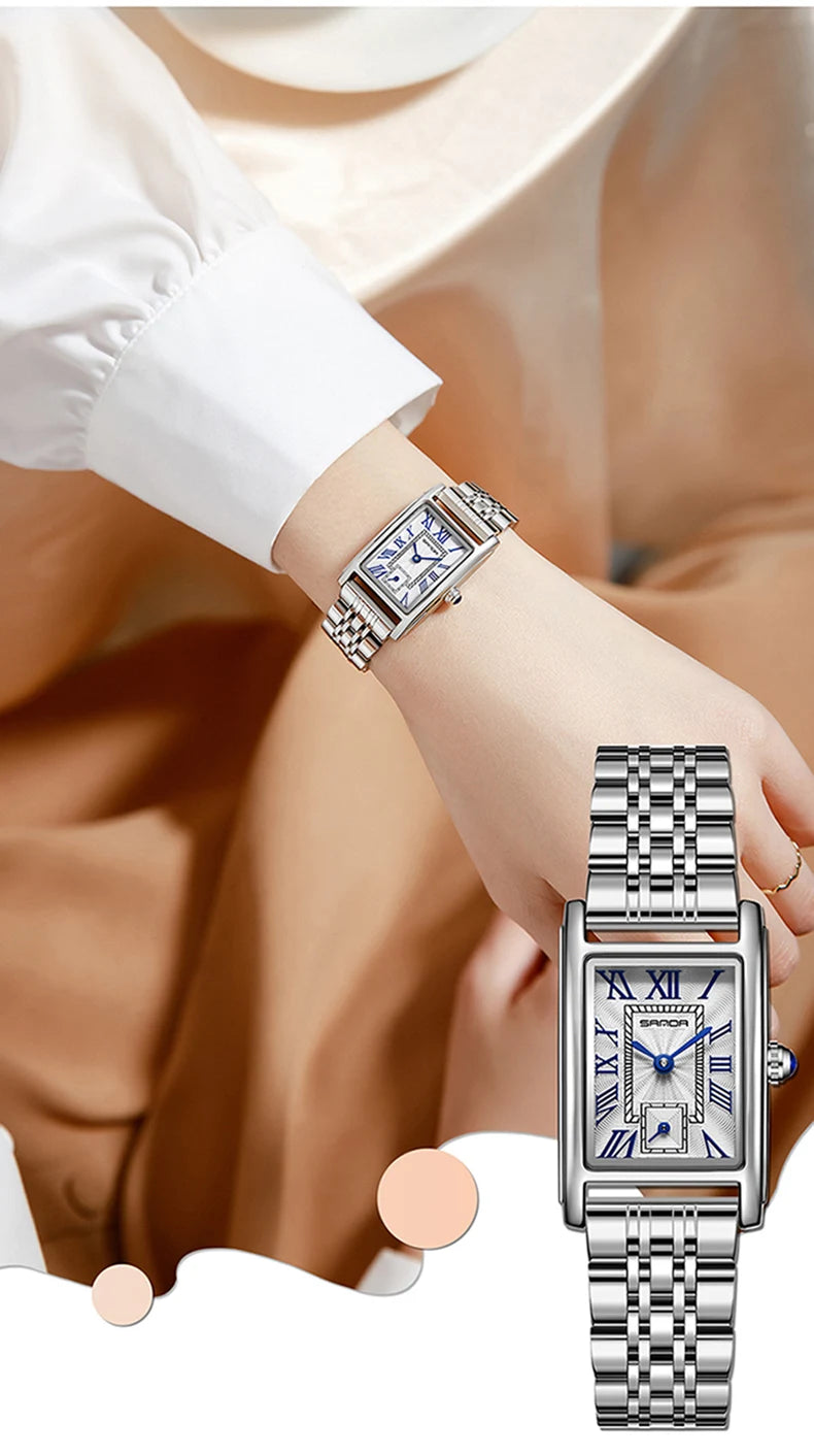 Rektangulär damklocka med läderarmband – Elegant quartzklocka