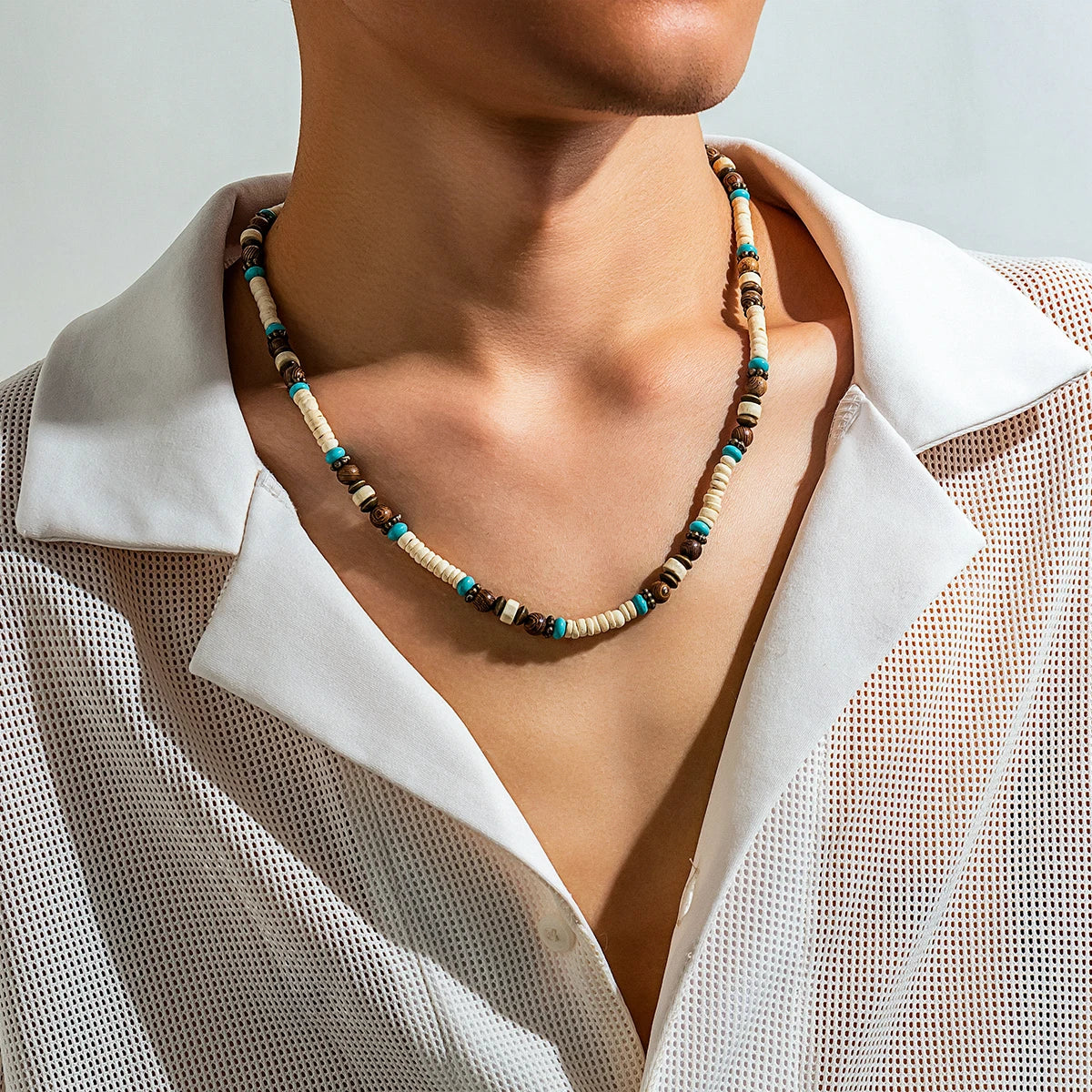 Träpärlhalsband herr – kort choker med vintagekänsla