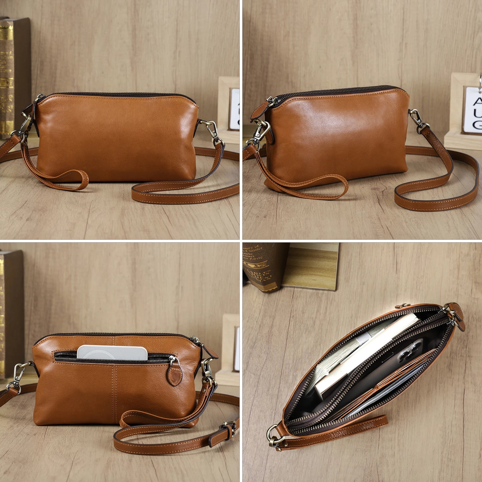 Damväska i äkta läder – axelväska med mobilfack & dragkedja