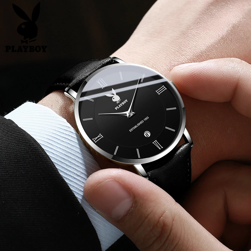 PLAYBOY Herrklocka – stilren kvartsklocka med läderarmband