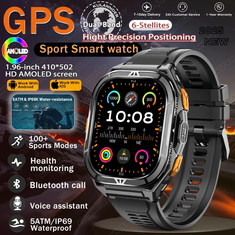 GPS Smartwatch Militärstil – 1.96” AMOLED & 10ATM vattentät