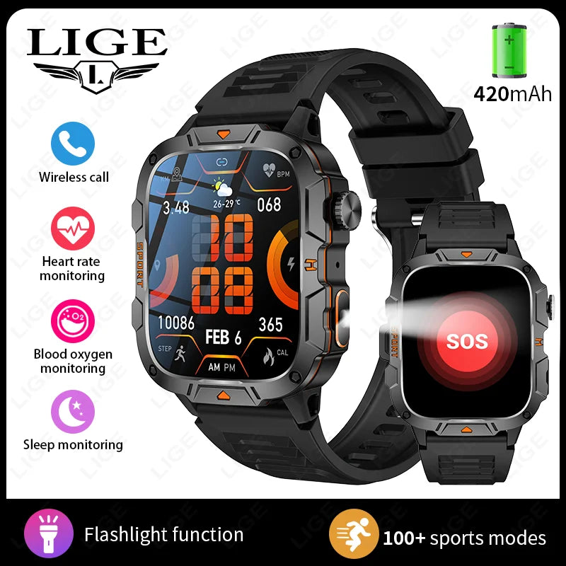 LIGE Rugged Military Smartwatch 1.96” – Bluetooth & ficklampa