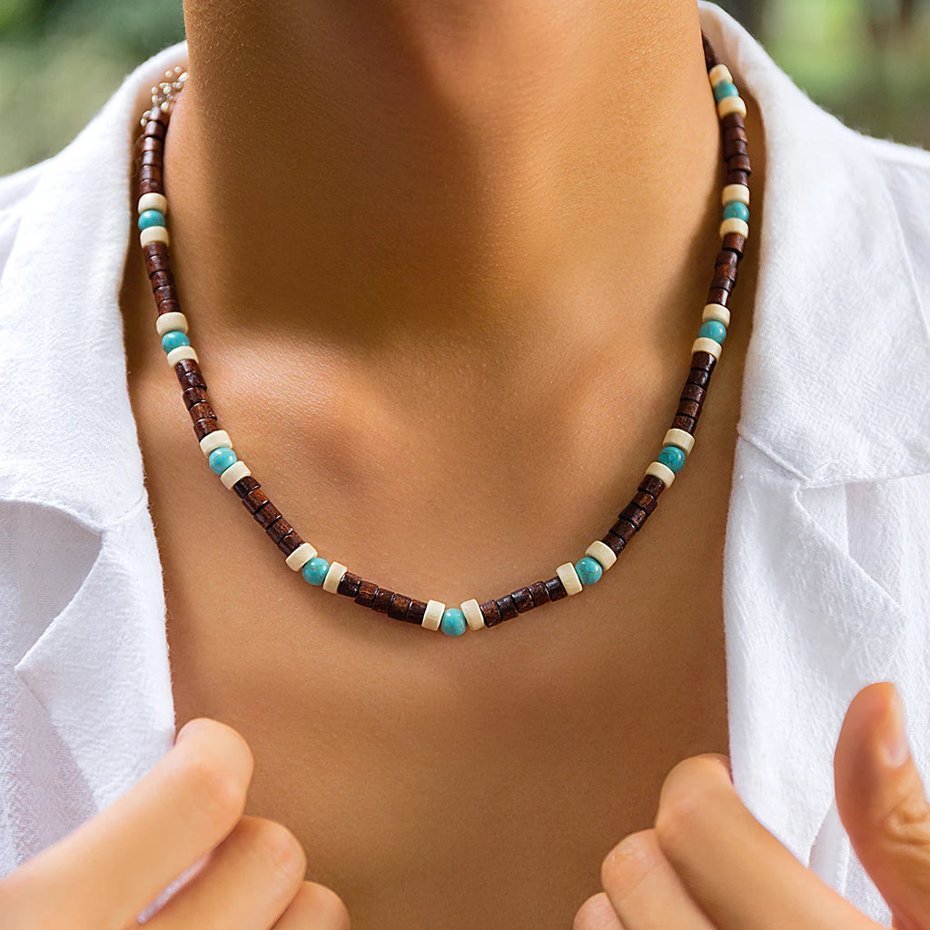 Träpärlhalsband herr – kort choker med vintagekänsla