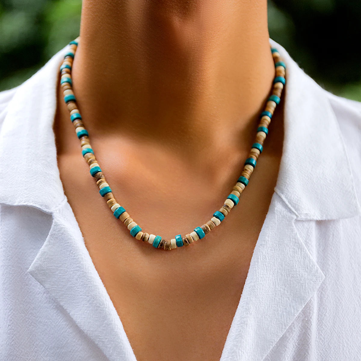 Träpärlhalsband herr – kort choker med vintagekänsla