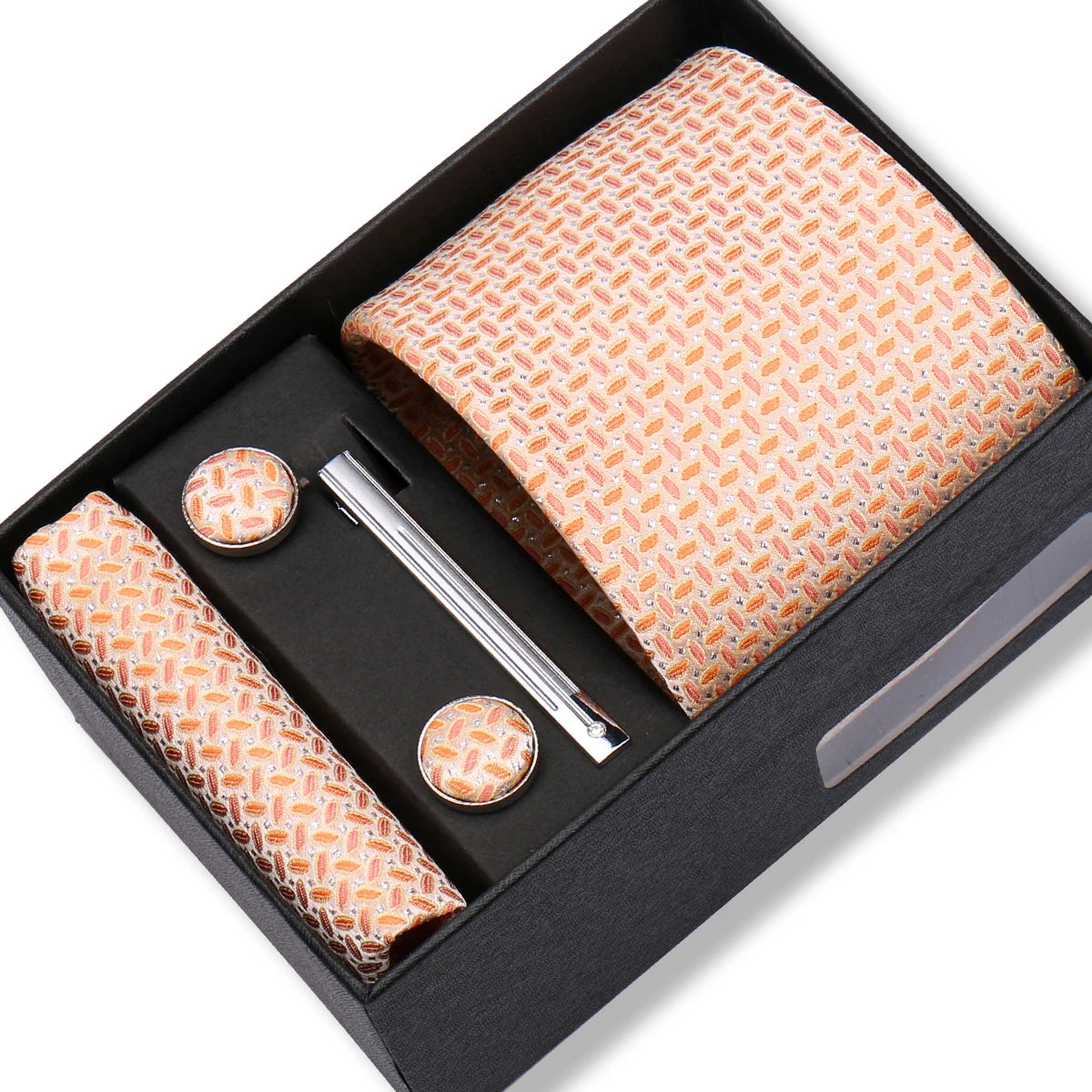 Slipsset herr 8 cm – jacquard slips, näsduk, manschettknappar & slipsnål