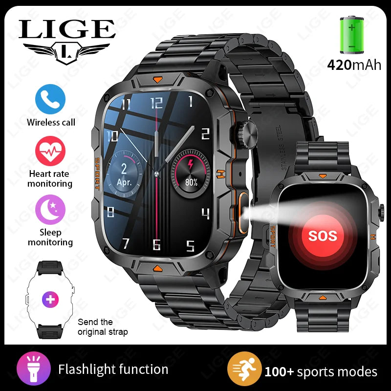 LIGE Rugged Military Smartwatch 1.96” – Bluetooth & ficklampa
