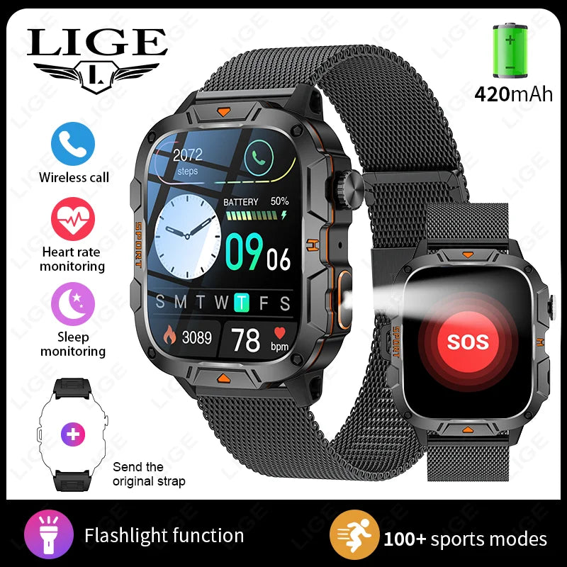 LIGE Rugged Military Smartwatch 1.96” – Bluetooth & ficklampa