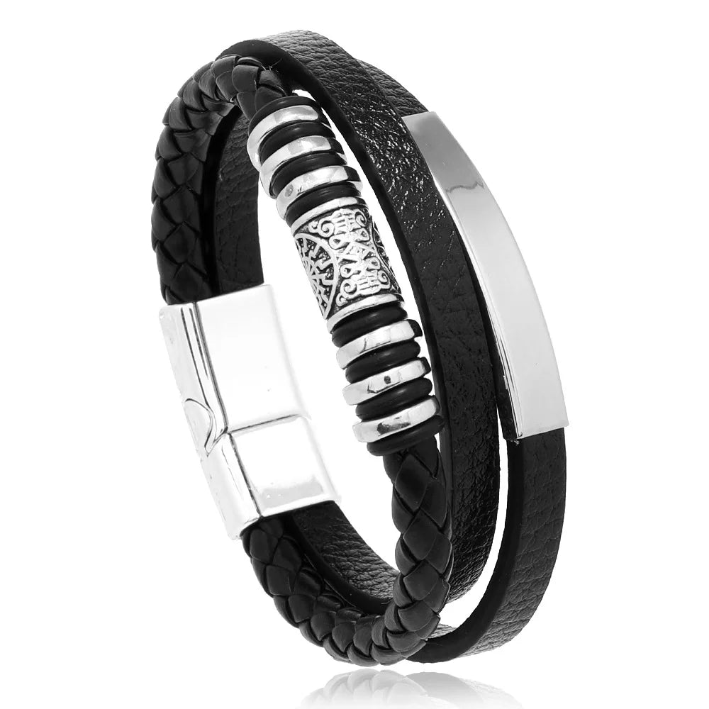 Flätat läderarmband för män – Multilagerdesign med stål, 21 cm