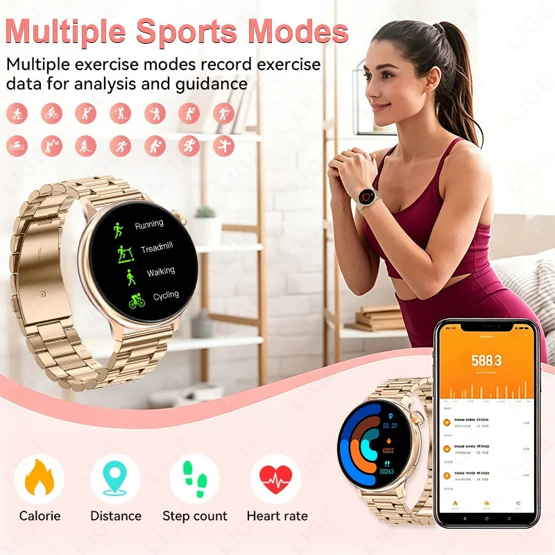 LIGE Smartklocka Dam – Bluetooth-samtal, hälsomätning och 20+ sportlägen