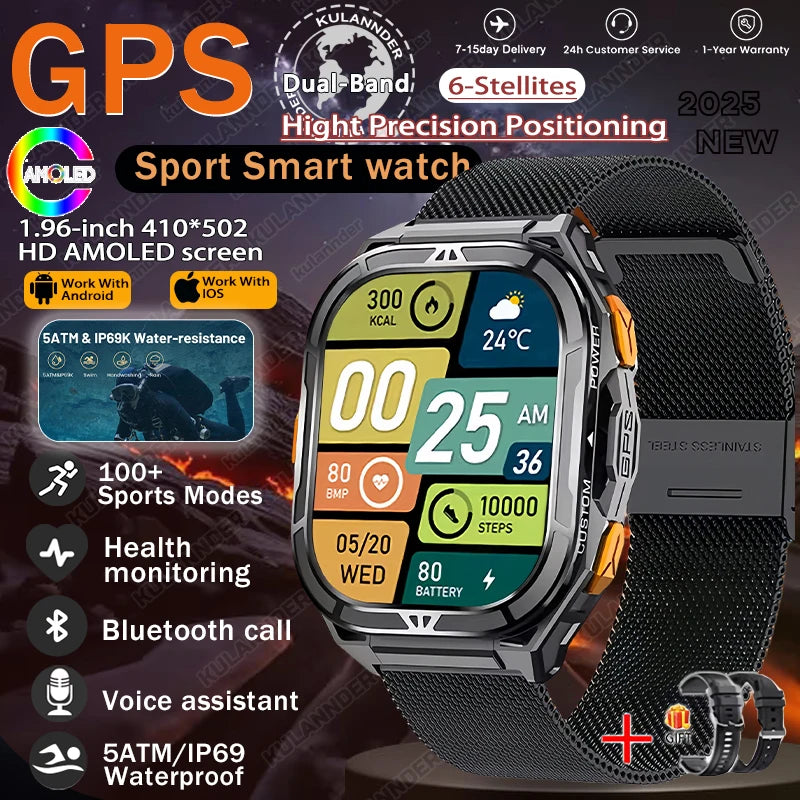 GPS Smartwatch Militärstil – 1.96” AMOLED & 10ATM vattentät