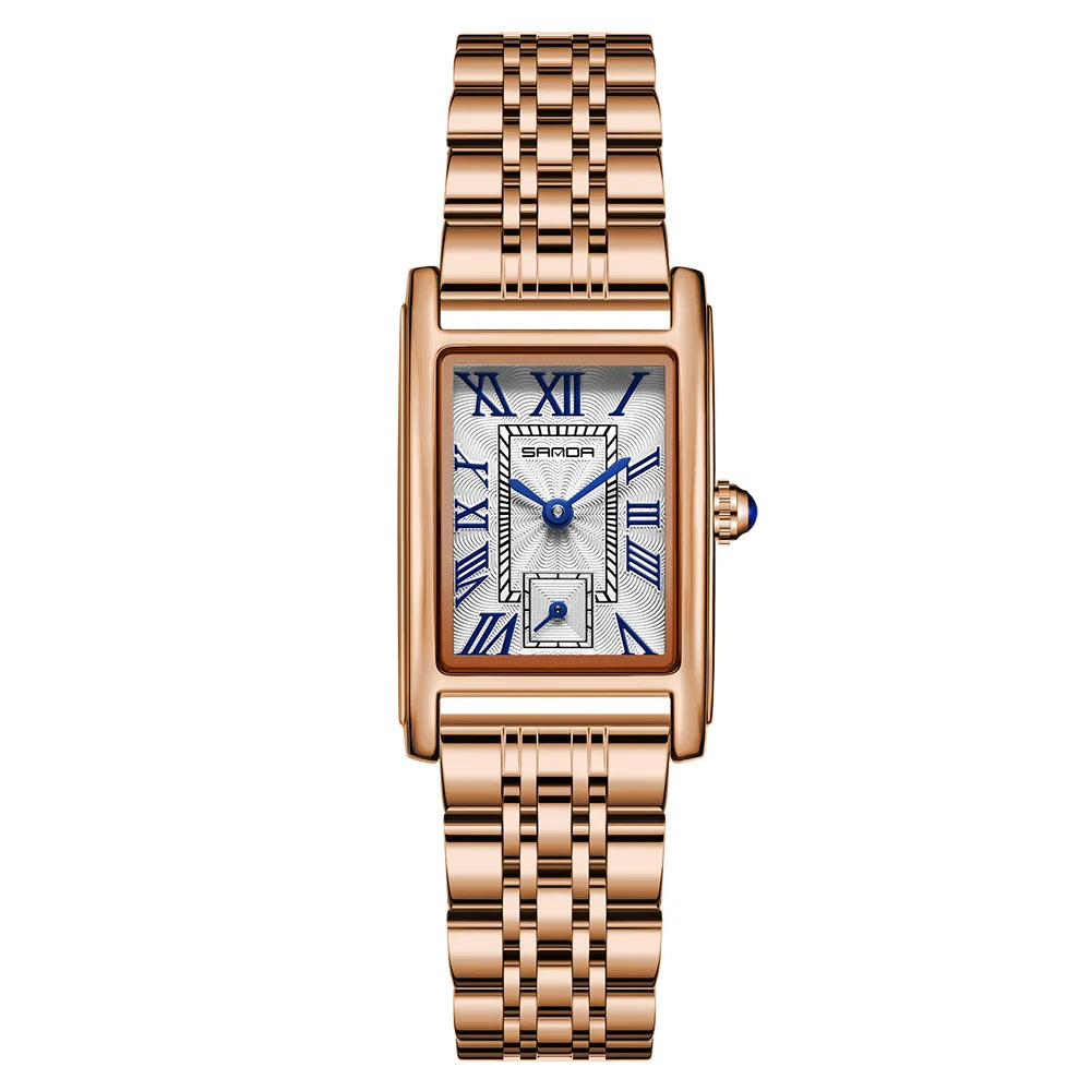 Rektangulär damklocka med läderarmband – Elegant quartzklocka