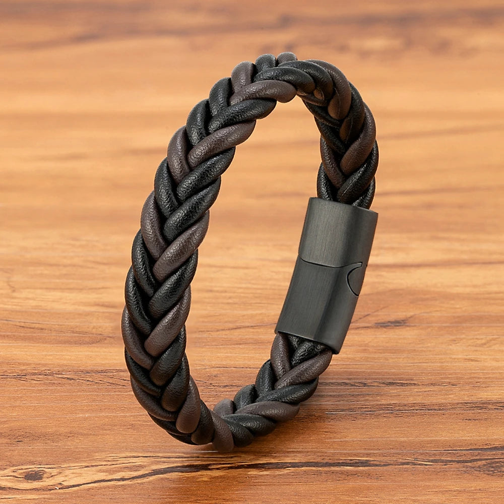 Flätat läderarmband för män med magnetlås – Rostfritt stål