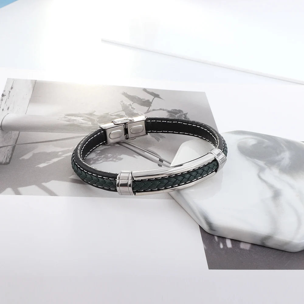 Läderarmband herr multilayer – svart armband i rostfritt stål