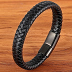 Flätat läderarmband för herr – rostfritt stål och geometrisk design